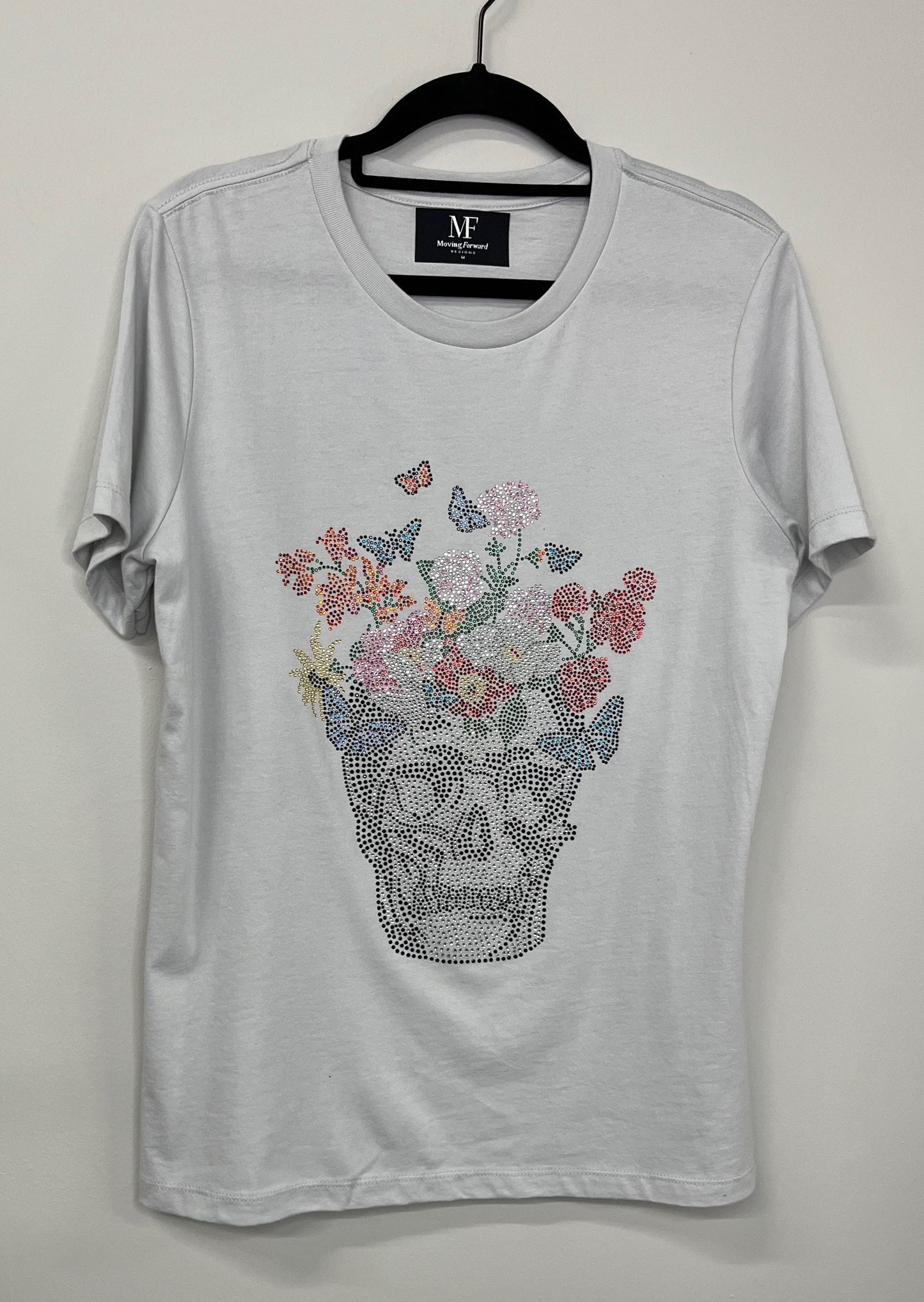 T-Shirt, Short Sleeve Light Gray, Skull Flowers