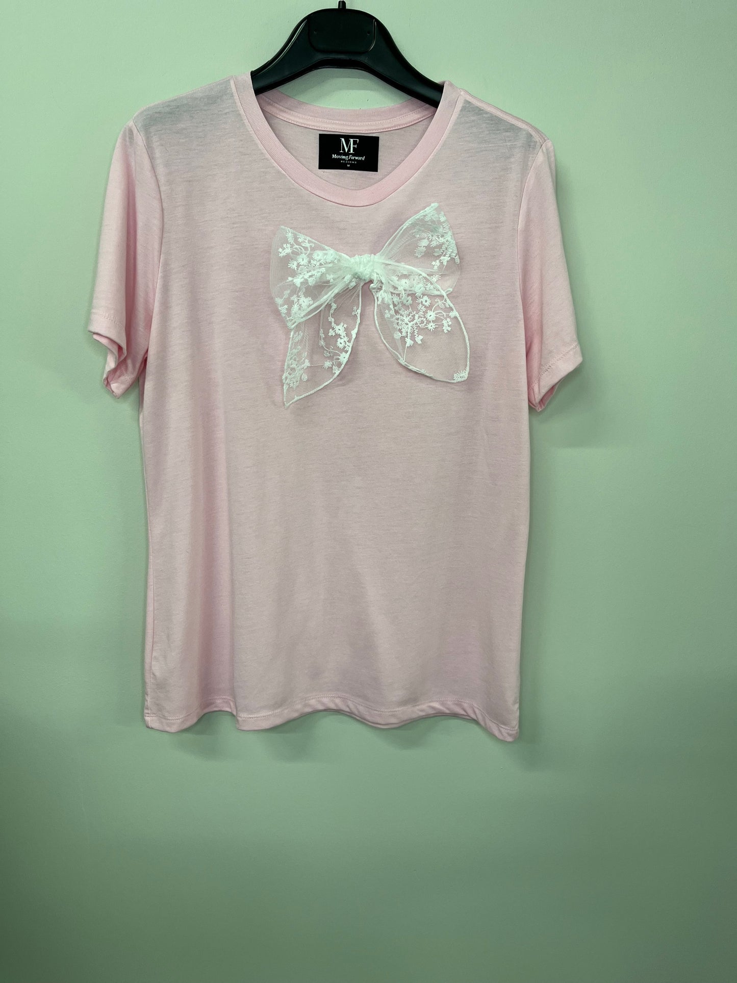 T-Shirt, Short Sleeve Pink, White Bow
