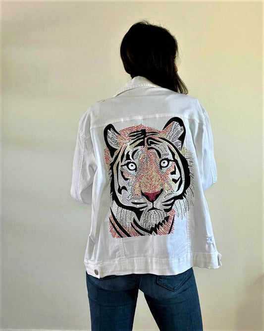 Jacket, Denim Extended Size White, Tiger Face