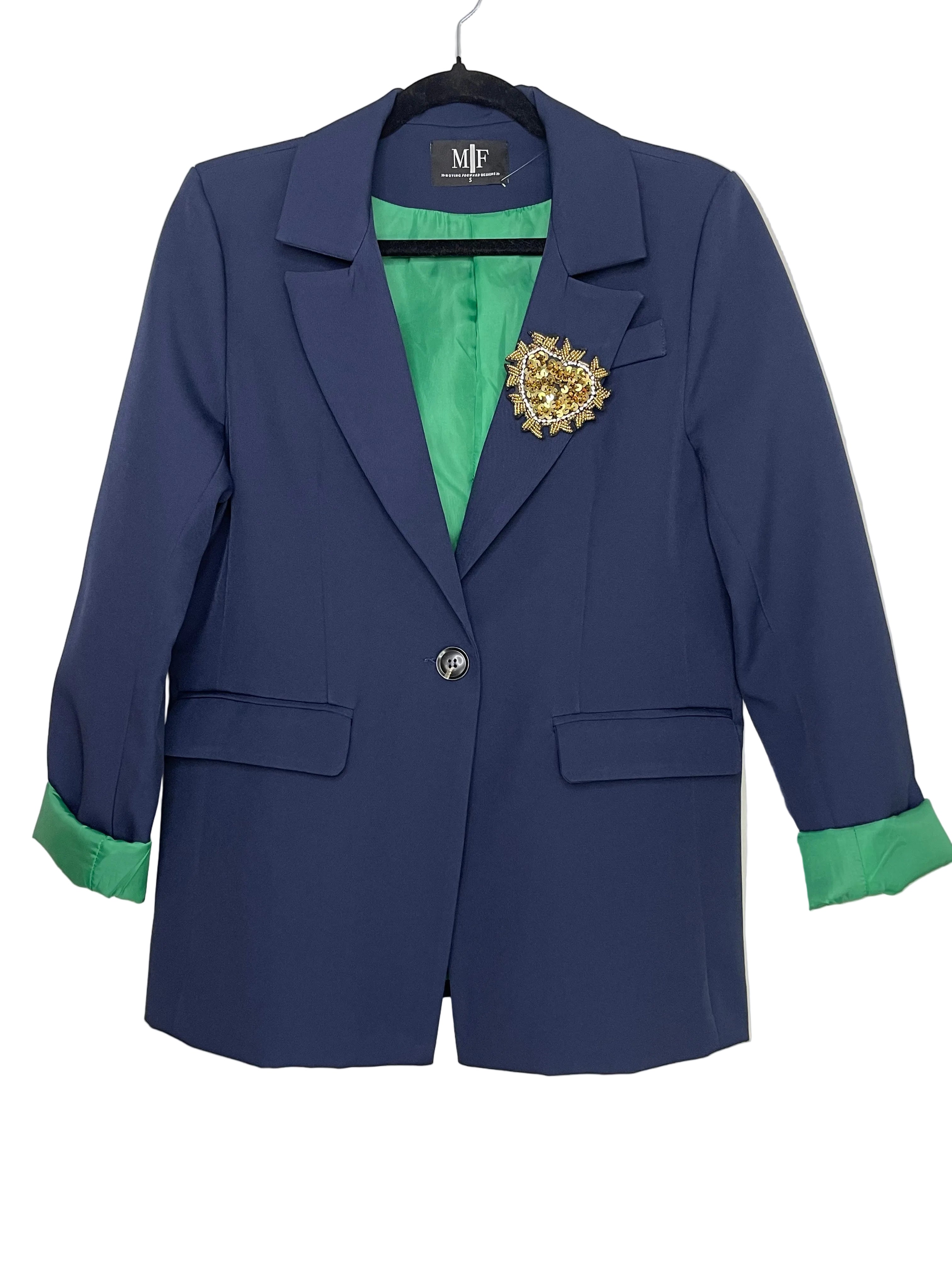Blazer, Navy w/ Green Lining, Gold Heart Brooch