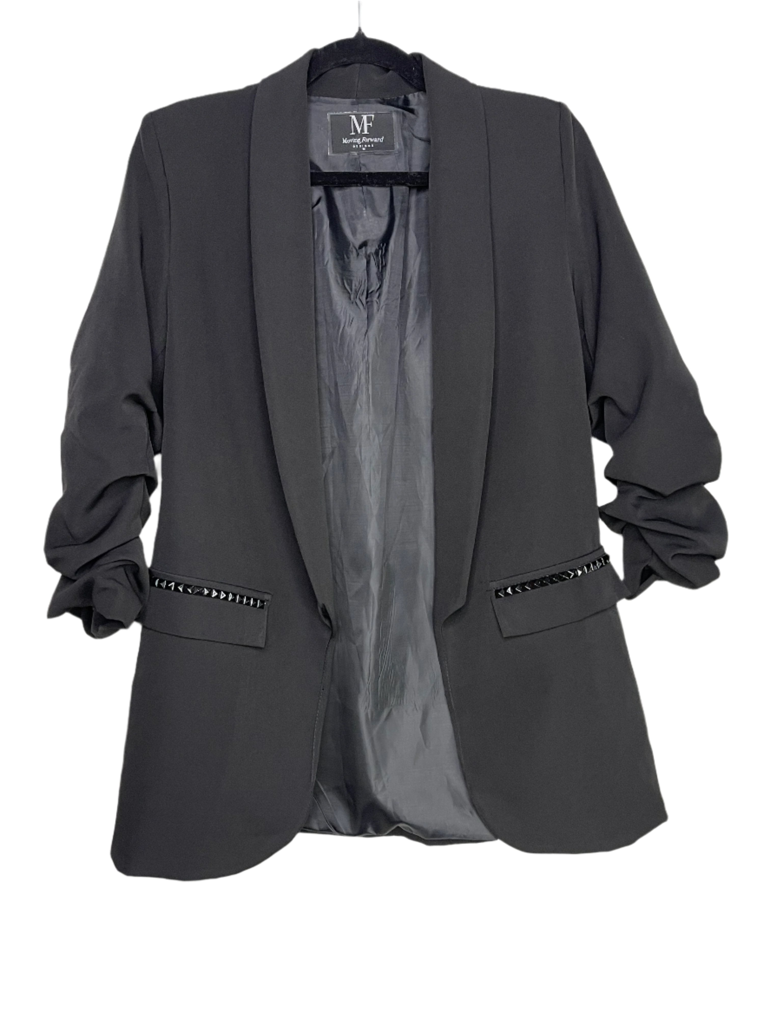 Gold Queen Bee Black Ruched Sleeve Blazer