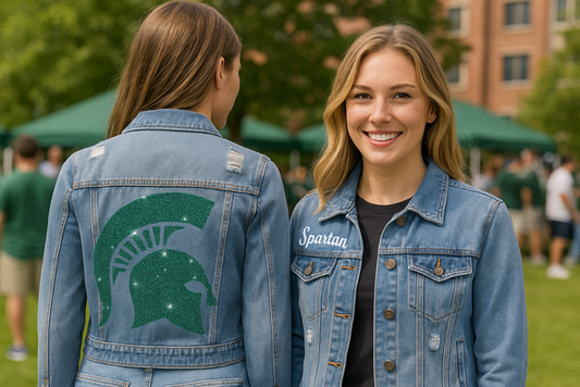 Licensed Game Day Jacket, Blue Denim, Michigan State Spartan Helmet w/ Spartan