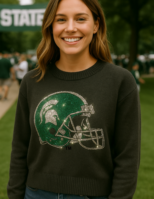 Licensed Game Day Sweater, Crewneck Black, Michigan State Helmet
