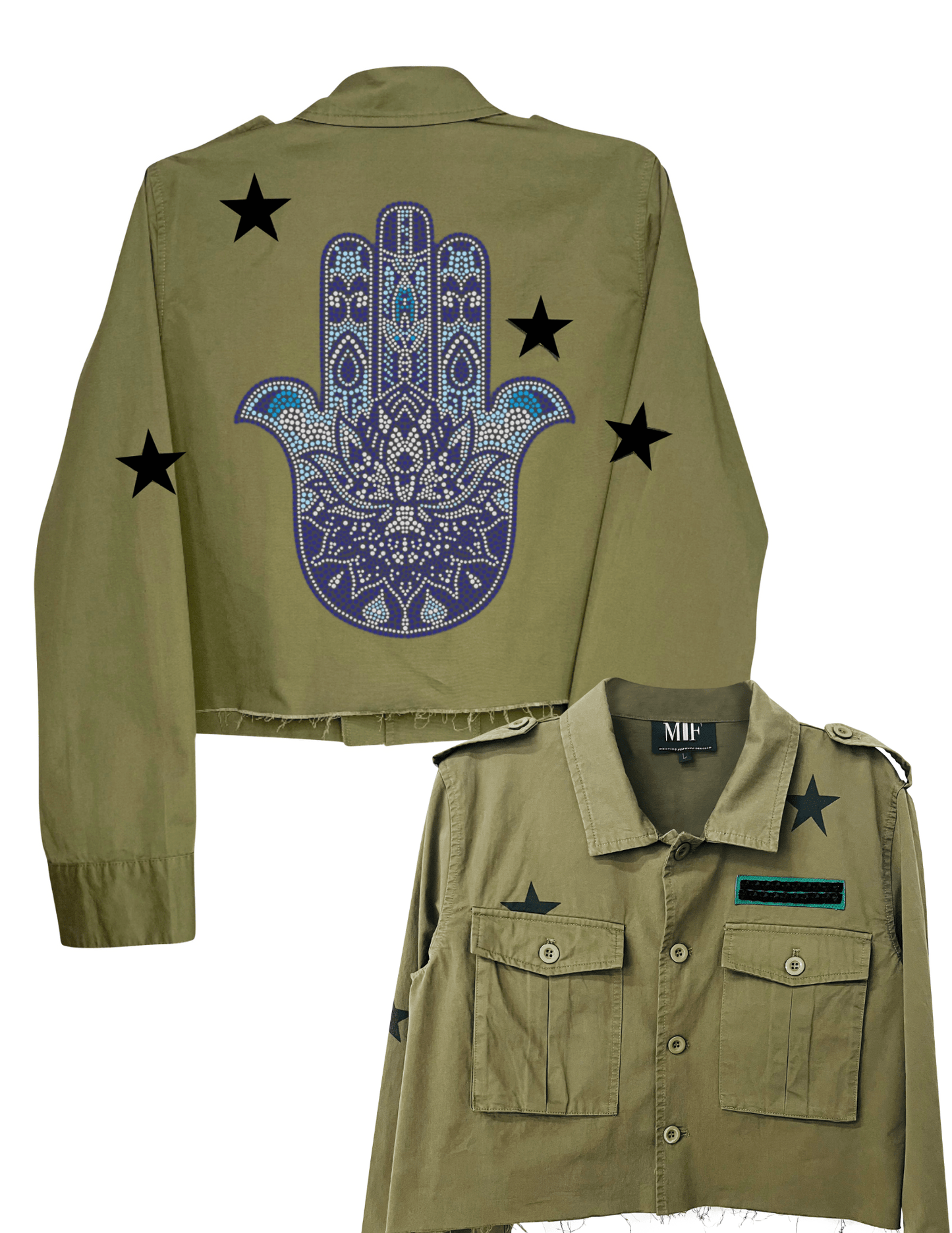 Shacket, Army Green Cropped, Blue Hamsa