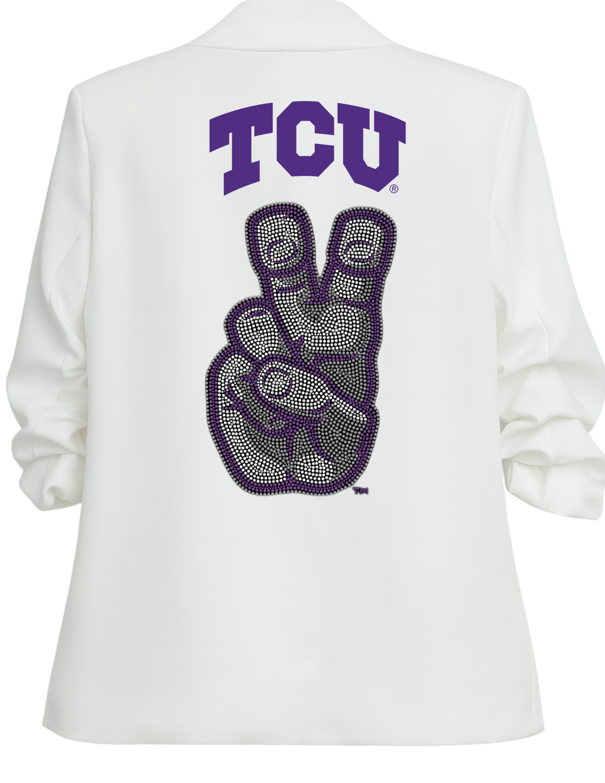TCU Hand Mark White Ruched Sleeve Blazer