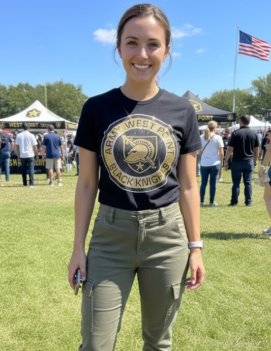 Licensed Game Day T-Shirt, Crewneck Black, Army West Point Circle Athena Shield