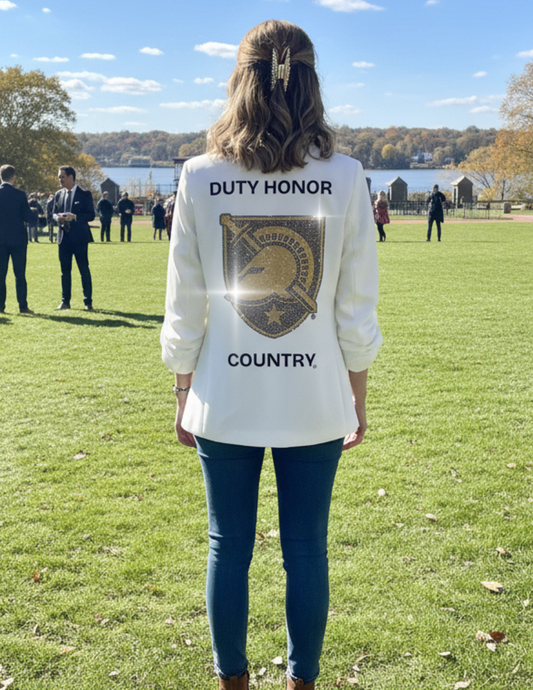 Licensed Game Day Blazer, White Ruched, Army West Point Duty Honor Country Athena Shield