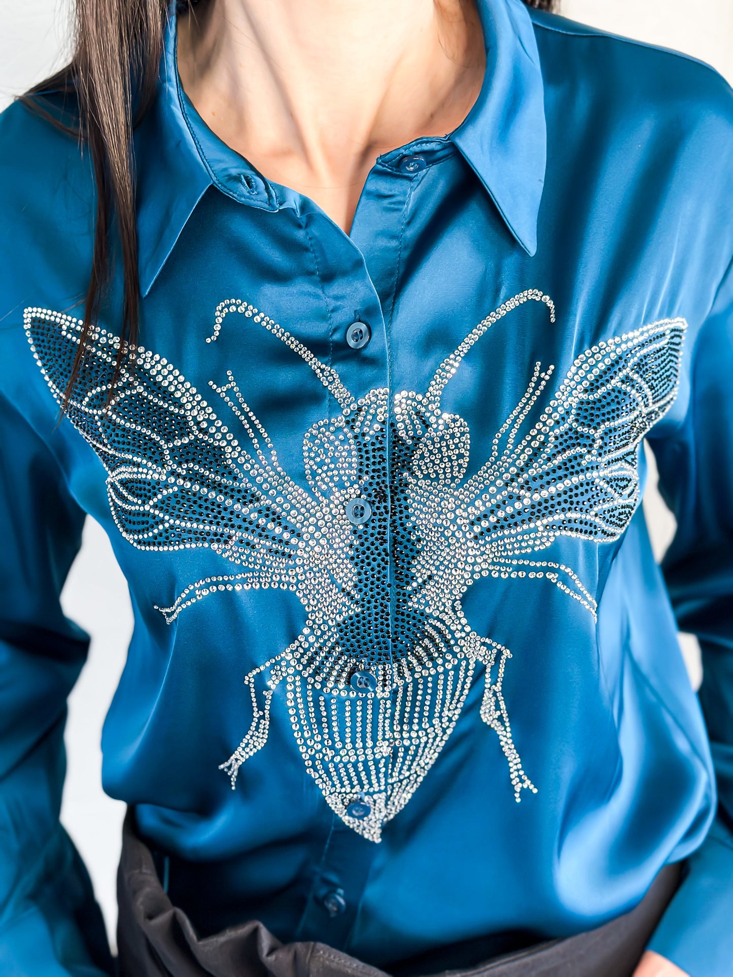 Shirt, Silky Teal, Silver Queen Bee on front