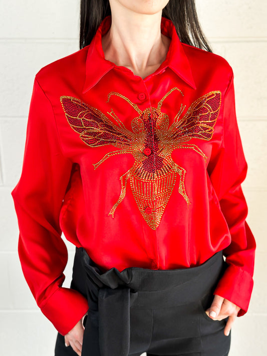 Shirt, Silky Red, Gold Queen Bee on front