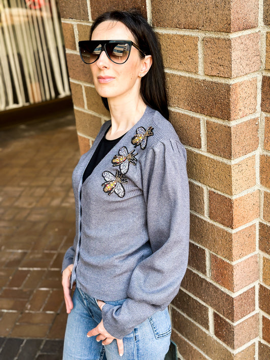 Gray Puff Shoulder Cardigan with Bees