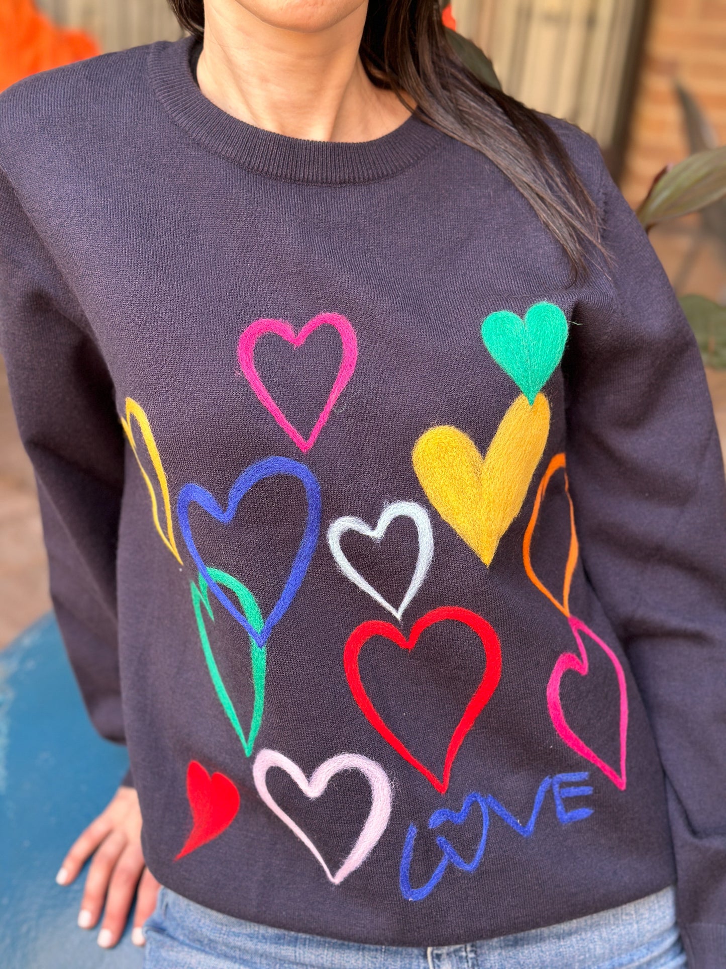 Sweater, Embroidered Hearts, Navy & Multi