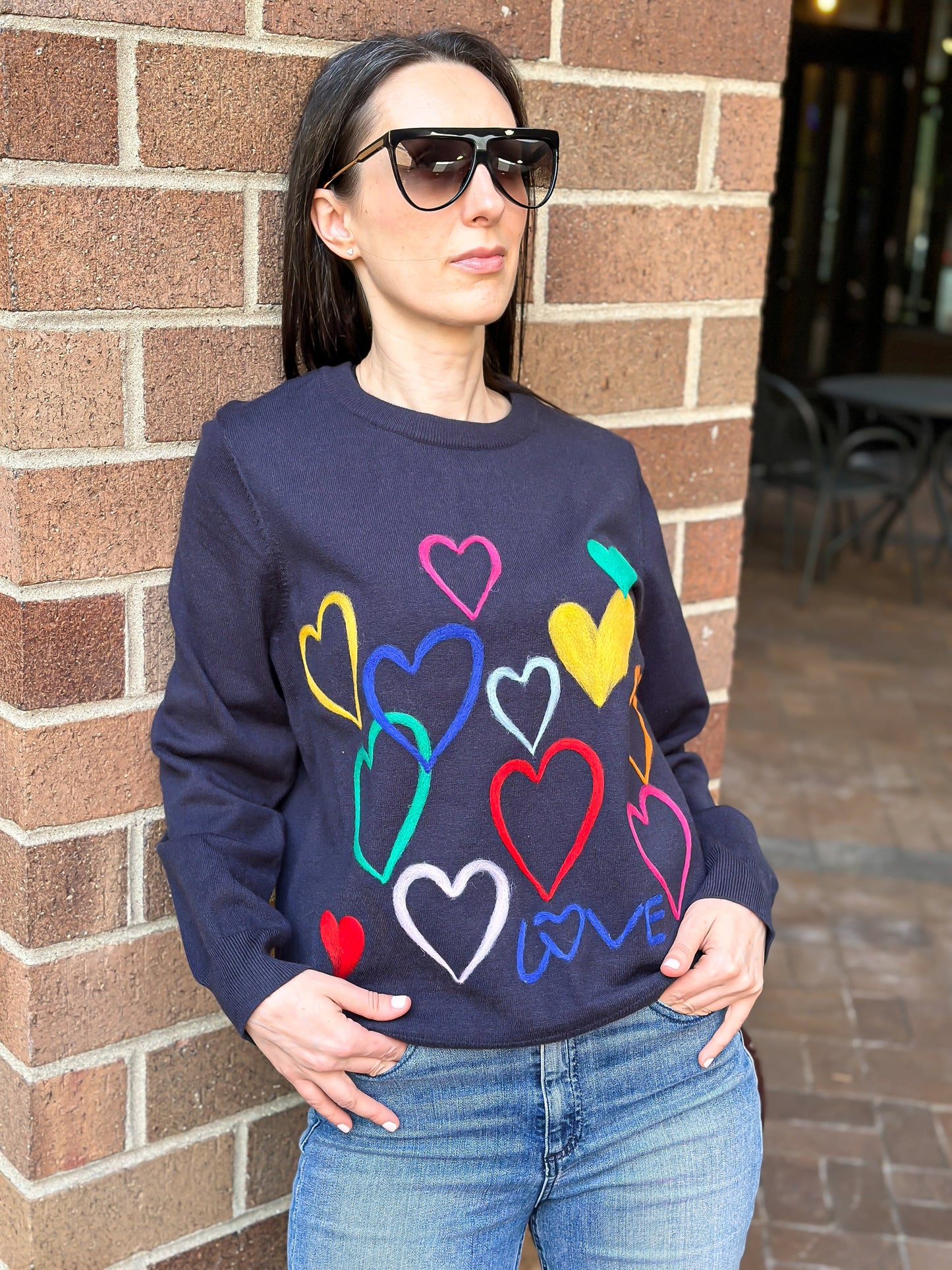Sweater, Embroidered Hearts, Navy & Multi