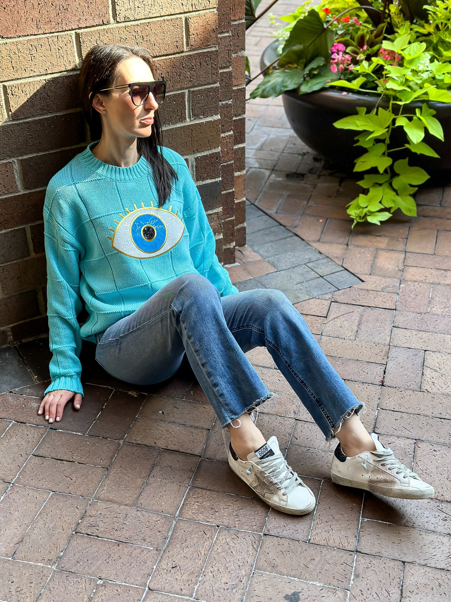 SMALL Sweater, Diamond Stitch Turquoise, Sequin Eye