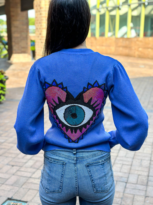 Sweater, Cardigan Puff Shoulder Blue, Sequin Pink/Blue Heart Eye