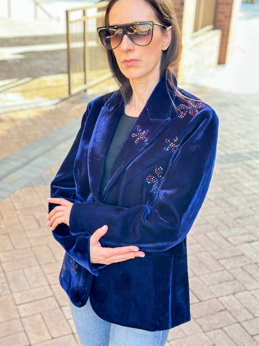 Crystal Flowers Navy Velvet Blazer