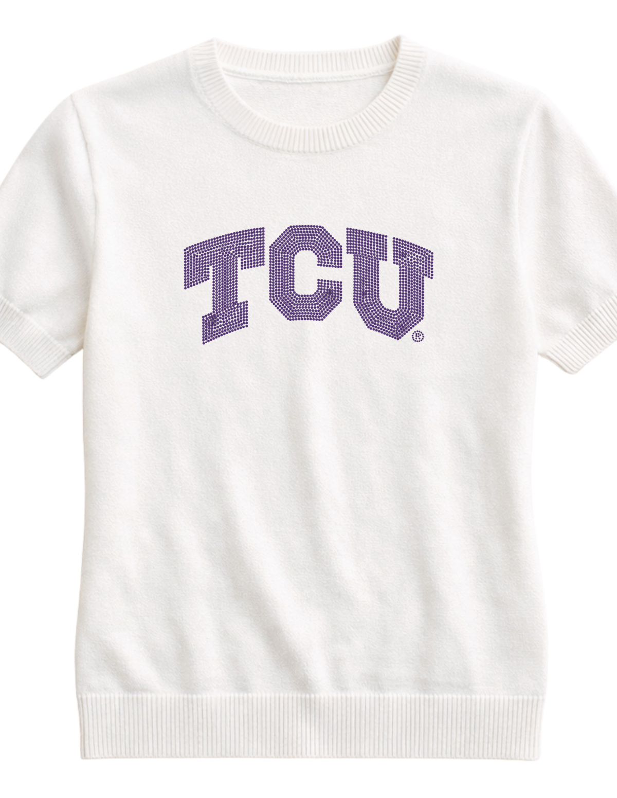 TCU Crystal Block Letters Ivory Short Sleeve Sweater