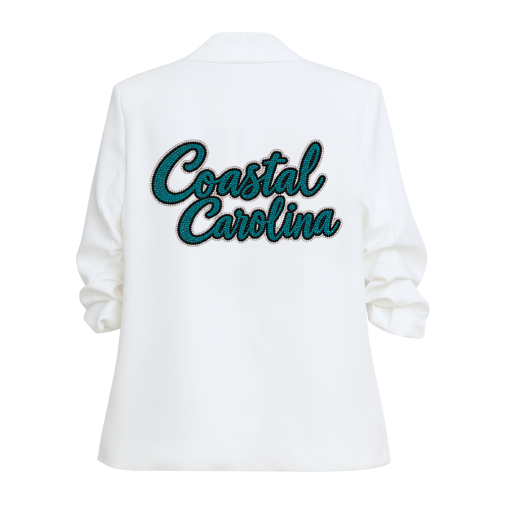 Coastal Carolina Script White Ruched Sleeve Blazer