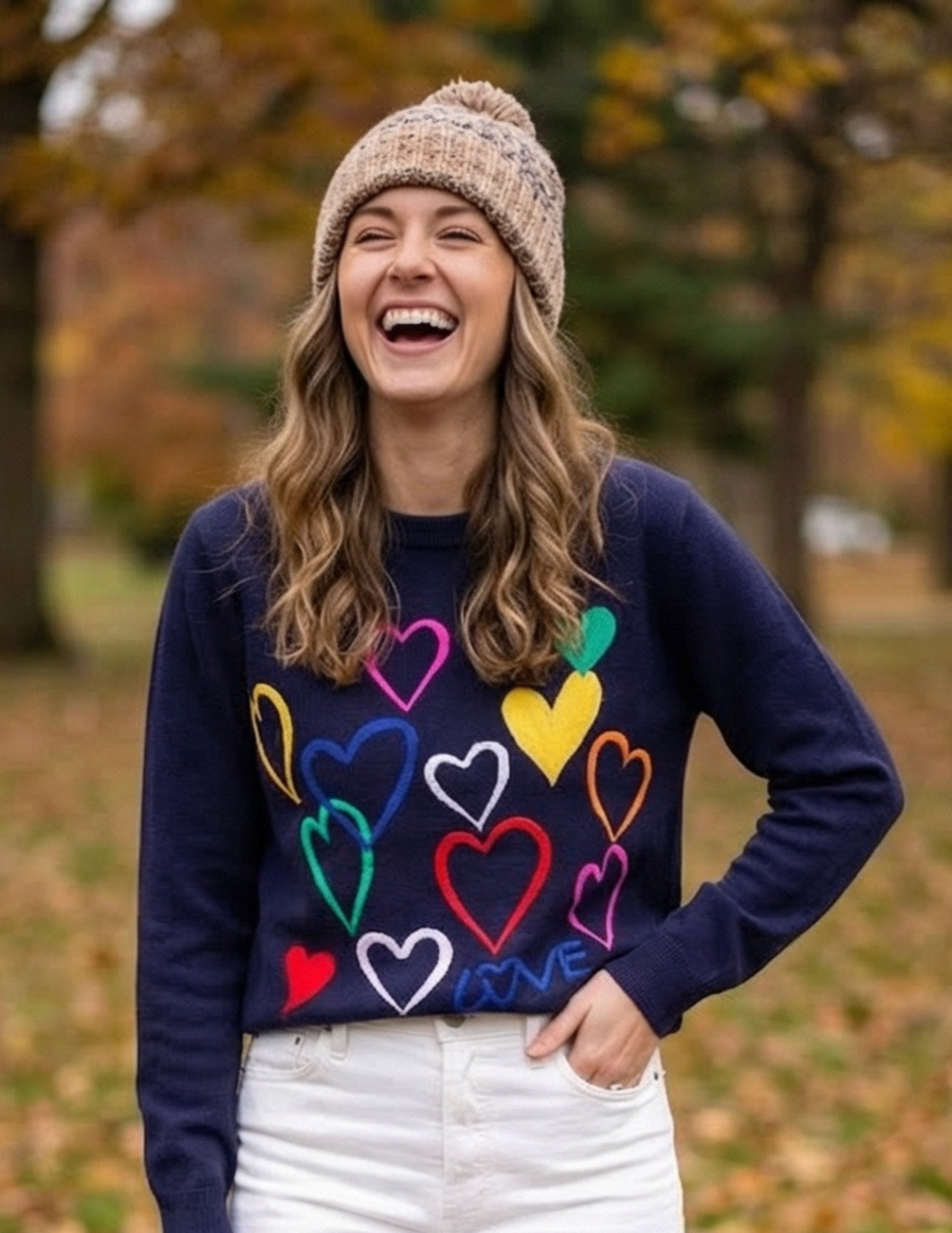 Navy & Multi Colored Embroidered Hearts Sweater