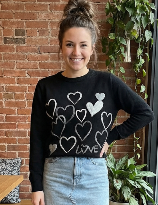 Black & Gray Embroidered Hearts Sweater