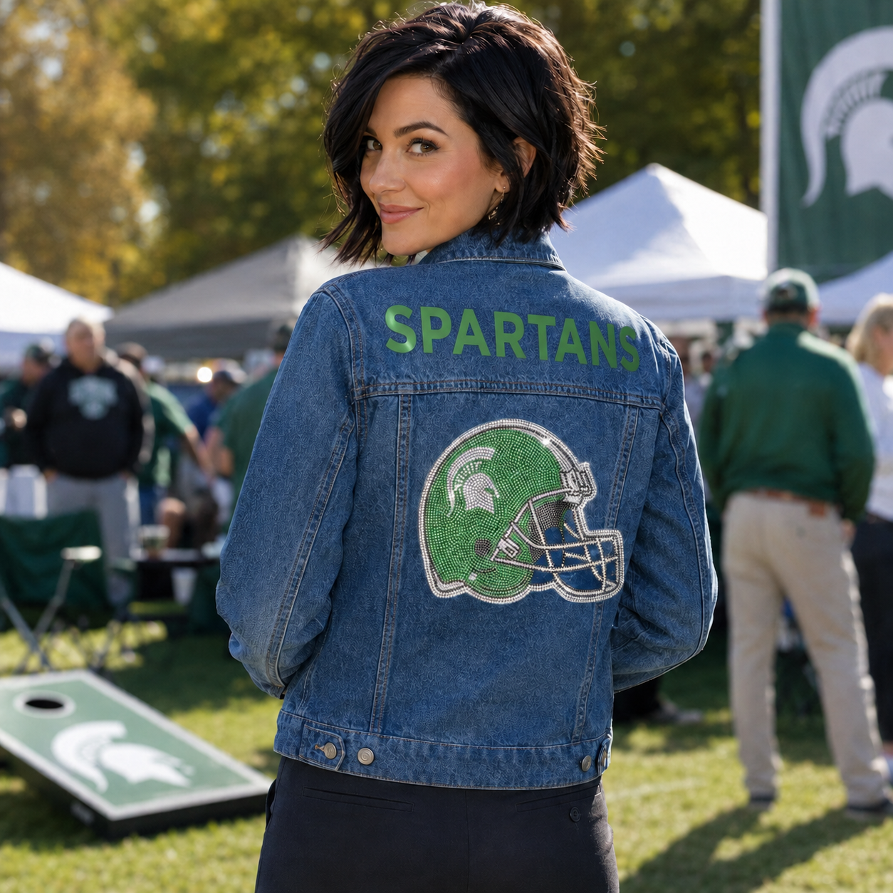 Michigan State Spartan Football Helmet Blue Denim Jacket