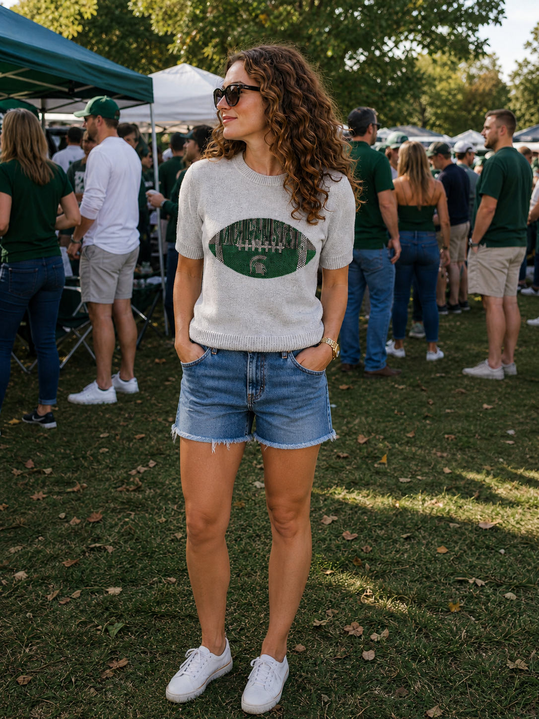 Michigan State Football Grey Crewneck Short Sleeve Sweater