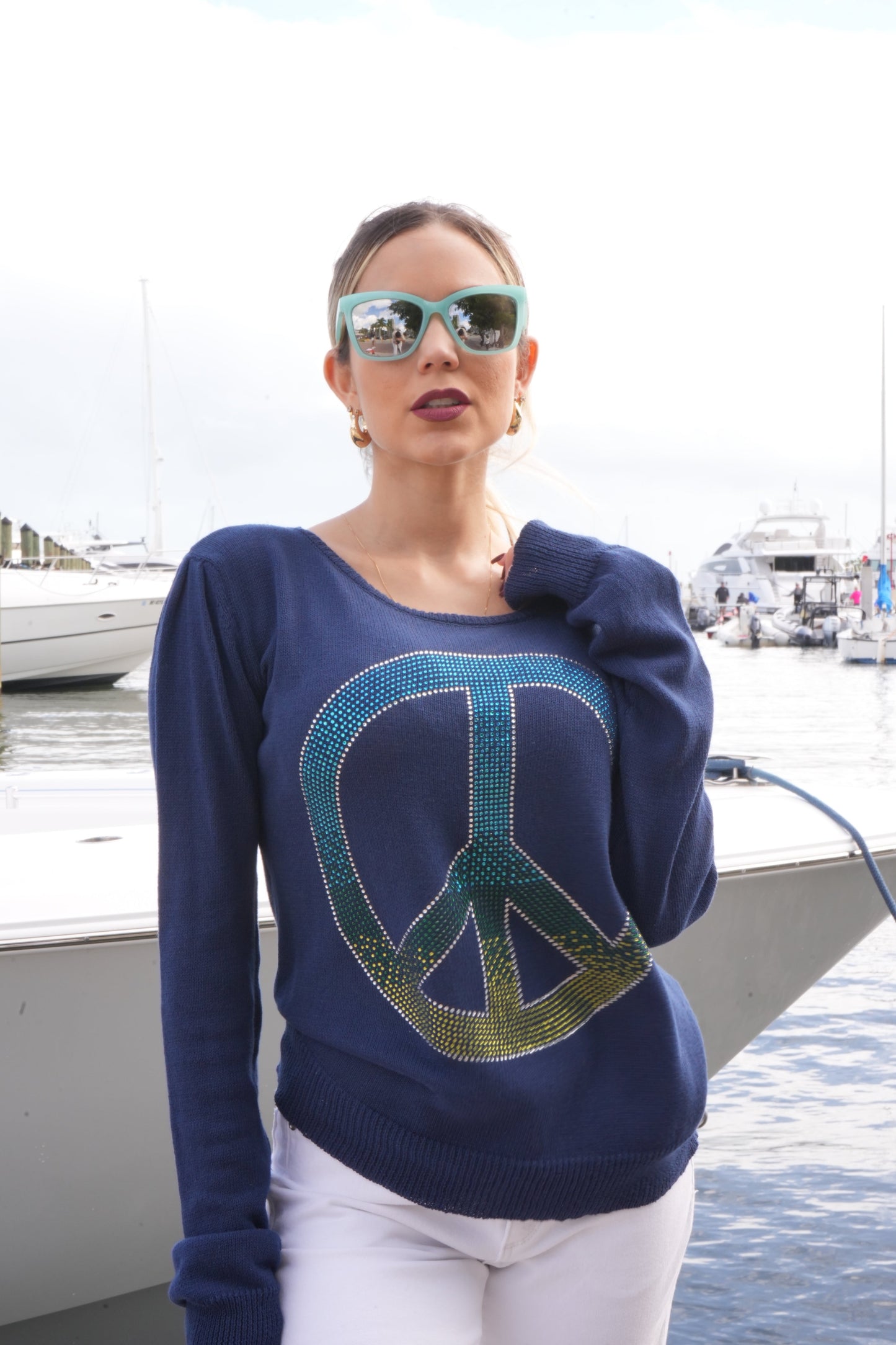 Sweater, Crewneck Navy, Blue/Green Peace Sign