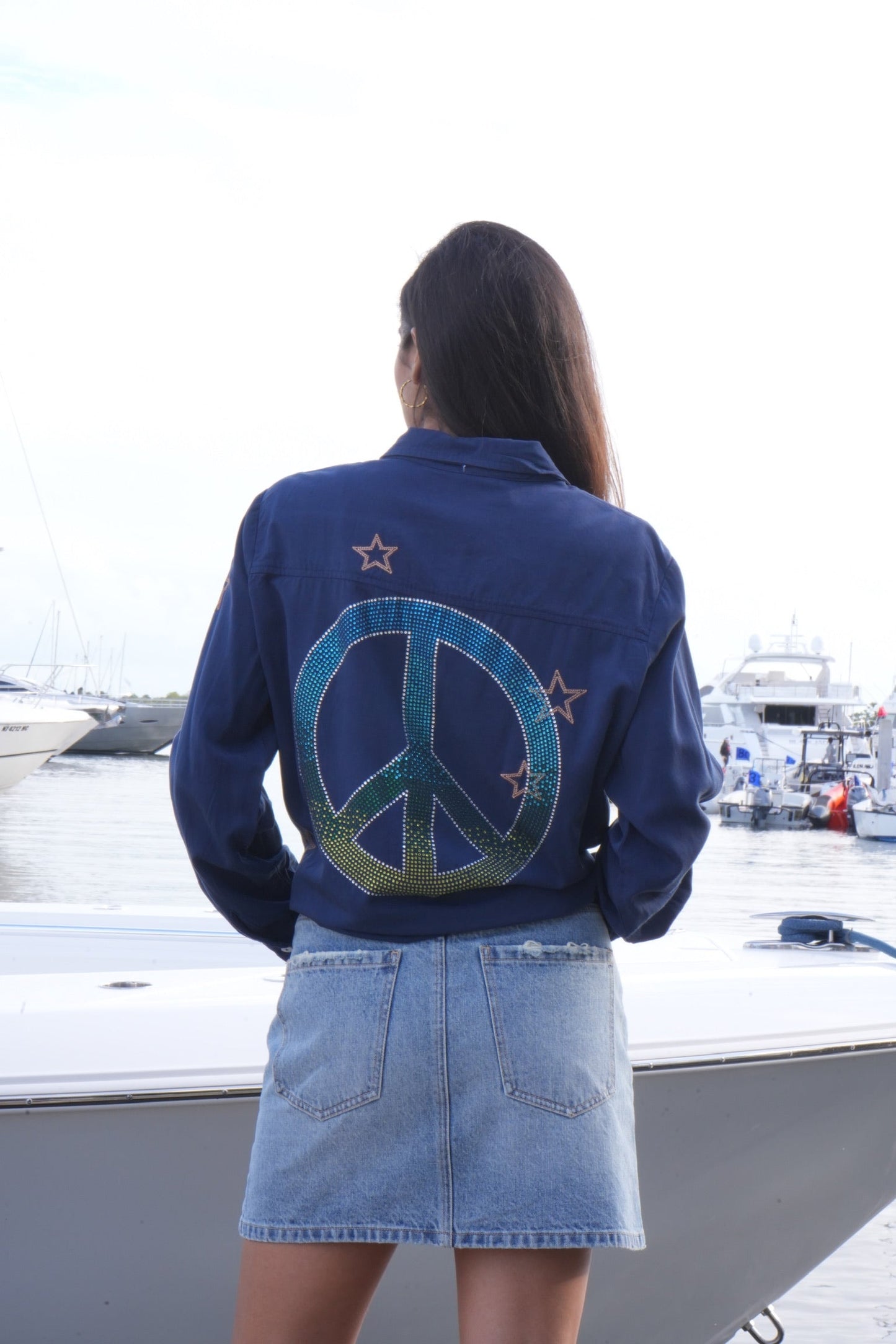 Shirt, Embroidered Star Navy, Blue/Green Peace Sign