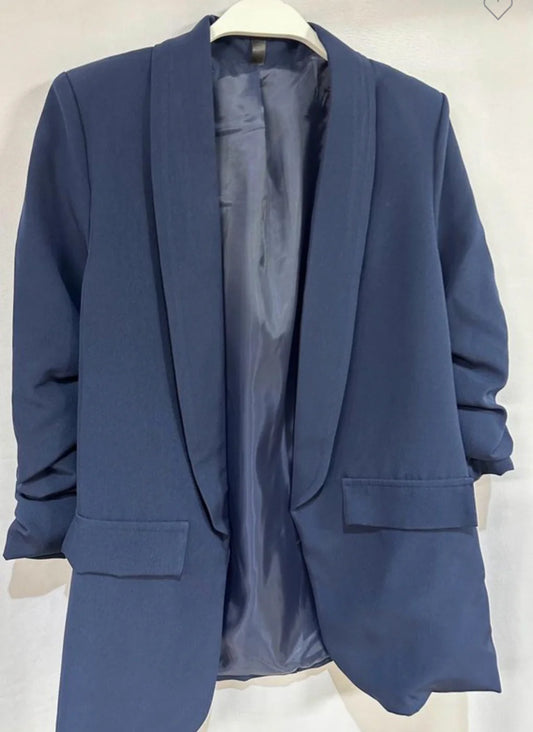 Blazer, Ruched Sleeve, Navy Blue