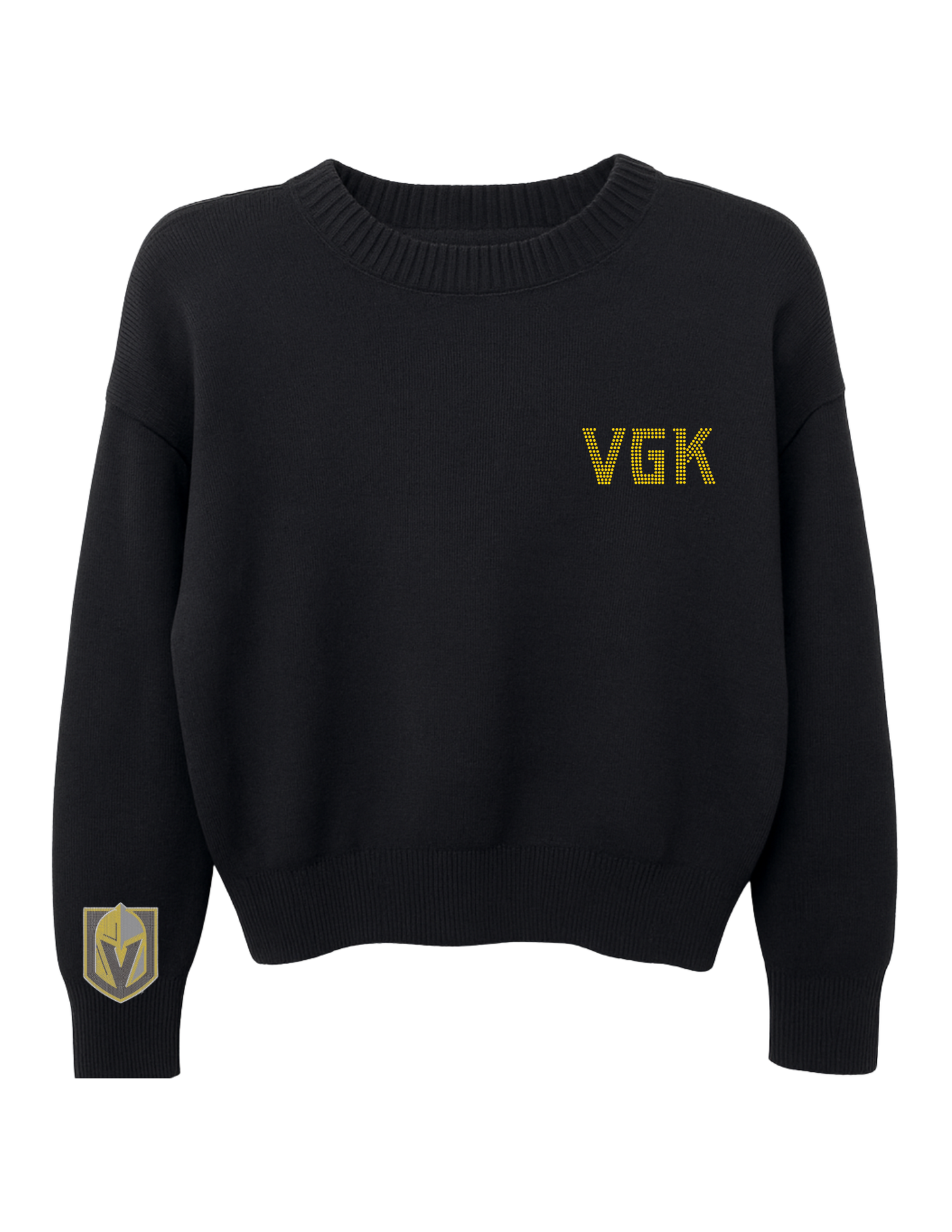 Licensed Game Day Sweater, Crewneck Black, Vegas Golden Knights Small Helmet & Letter Logo