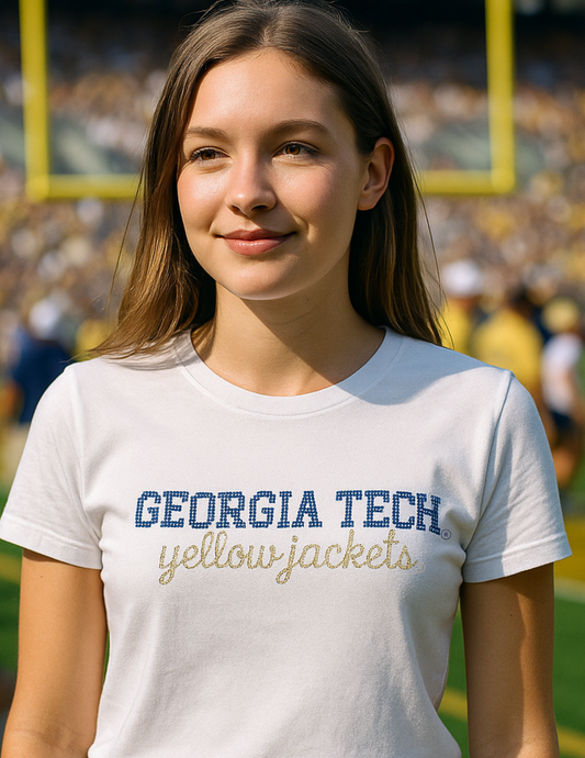 Licensed Game Day T-Shirt, Crewneck White, Georgia Tech Yellow Jackets Script