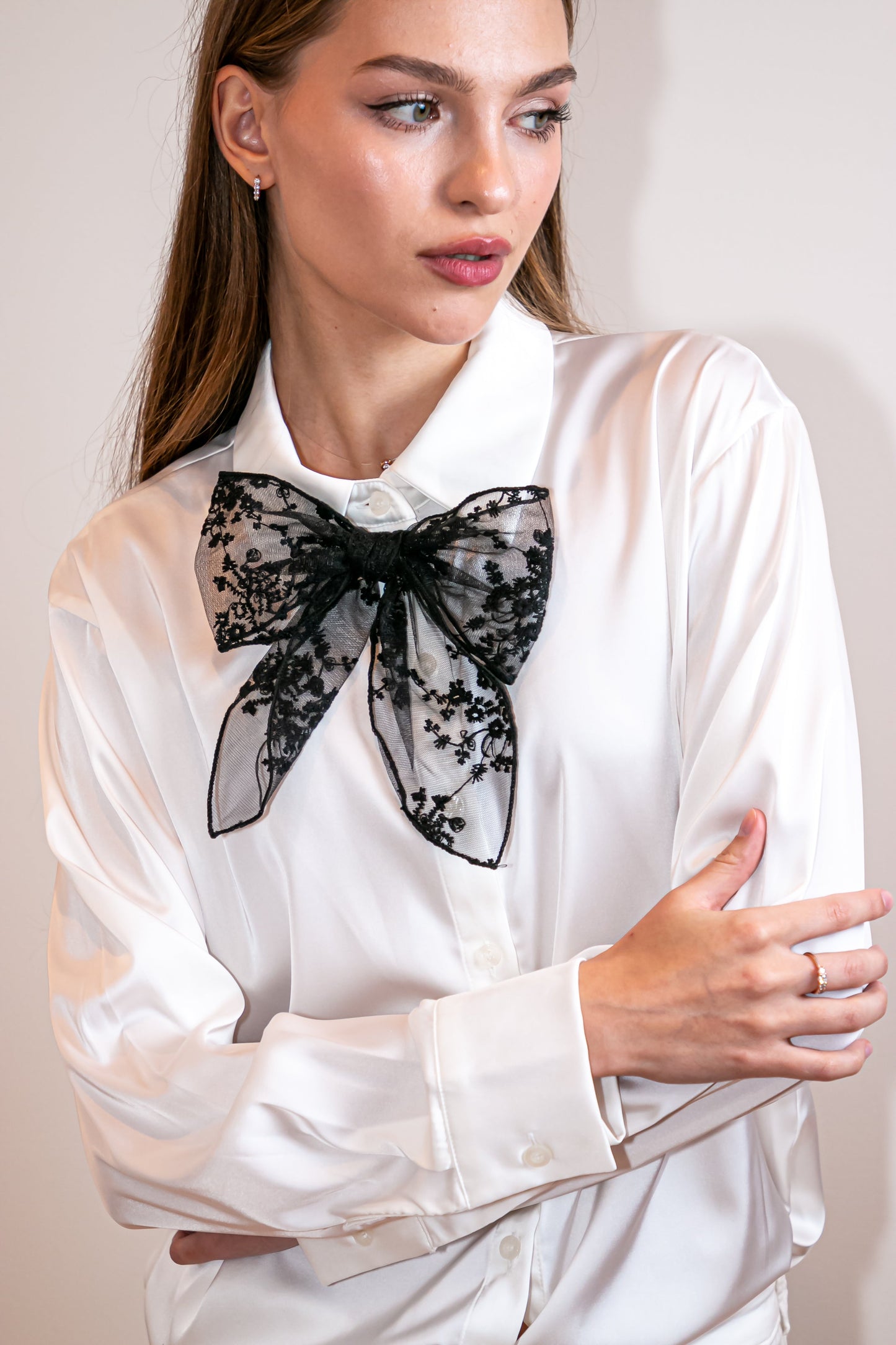 Shirt, Silky Ivory, Black Lace Bow
