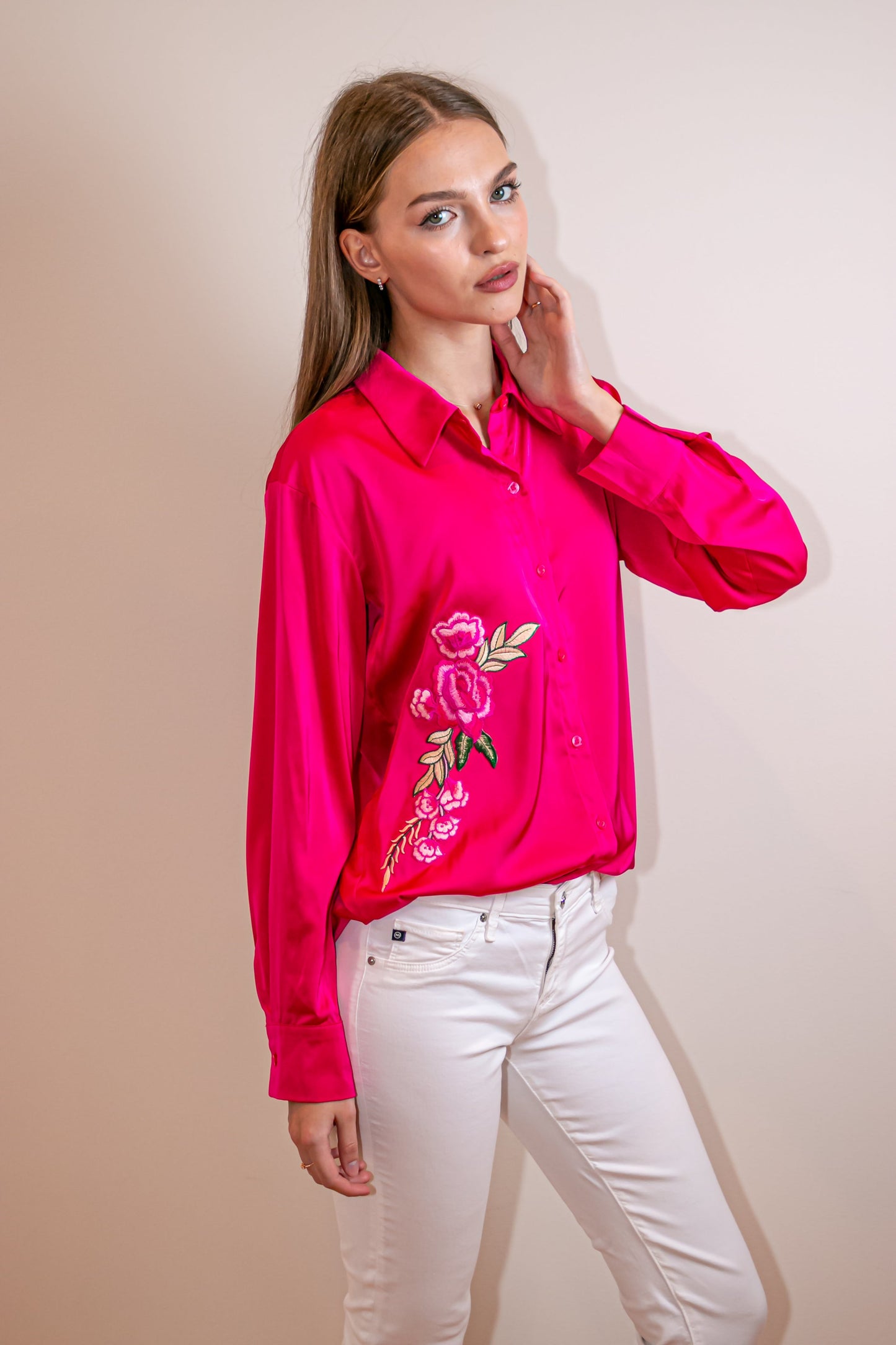 Shirt, Silky Pink, Pink Flowers