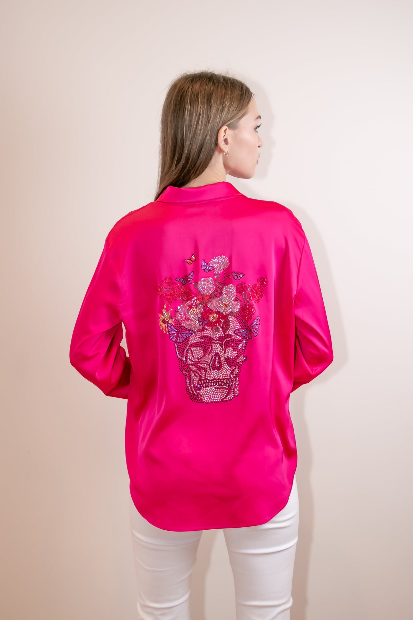 Shirt, Silky Pink, Skull Flowers