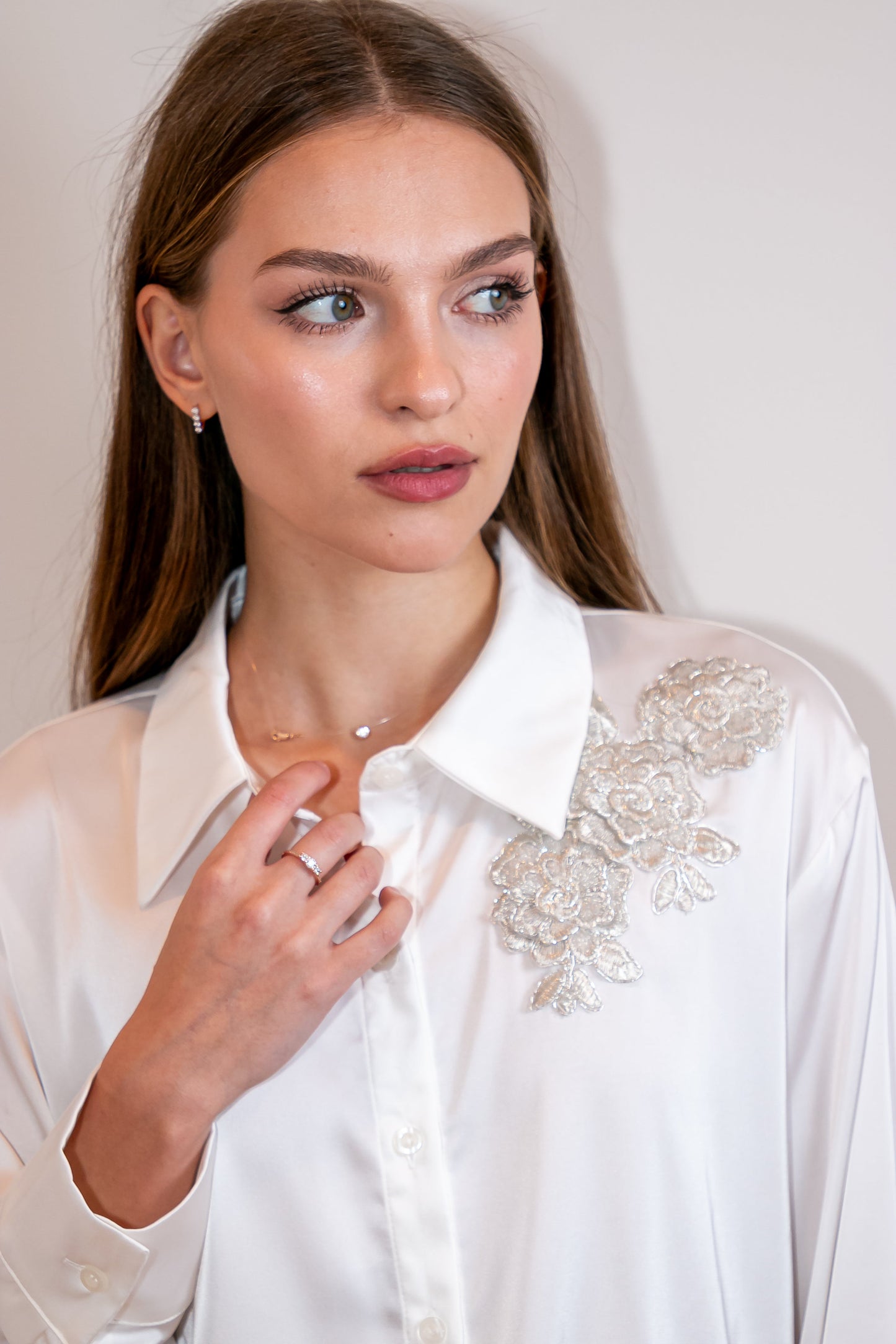 Shirt, Silky Ivory, Silver Lace Flowers
