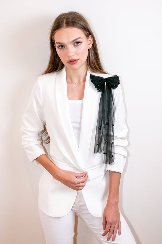 Blazer, Ruched White, Black Long Bow