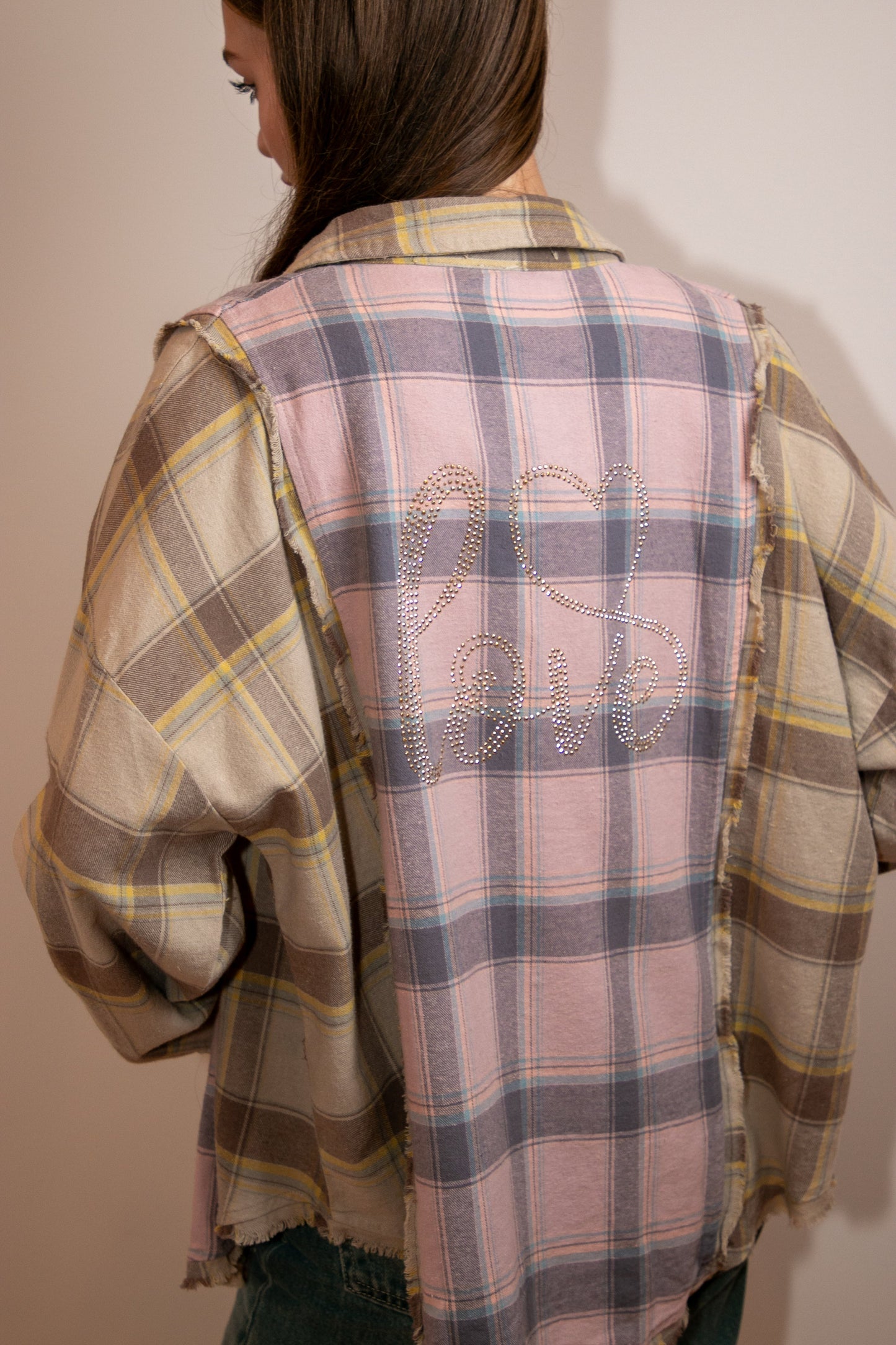 Shirt, Flannel Pink Plaid, Gold Crystal Love