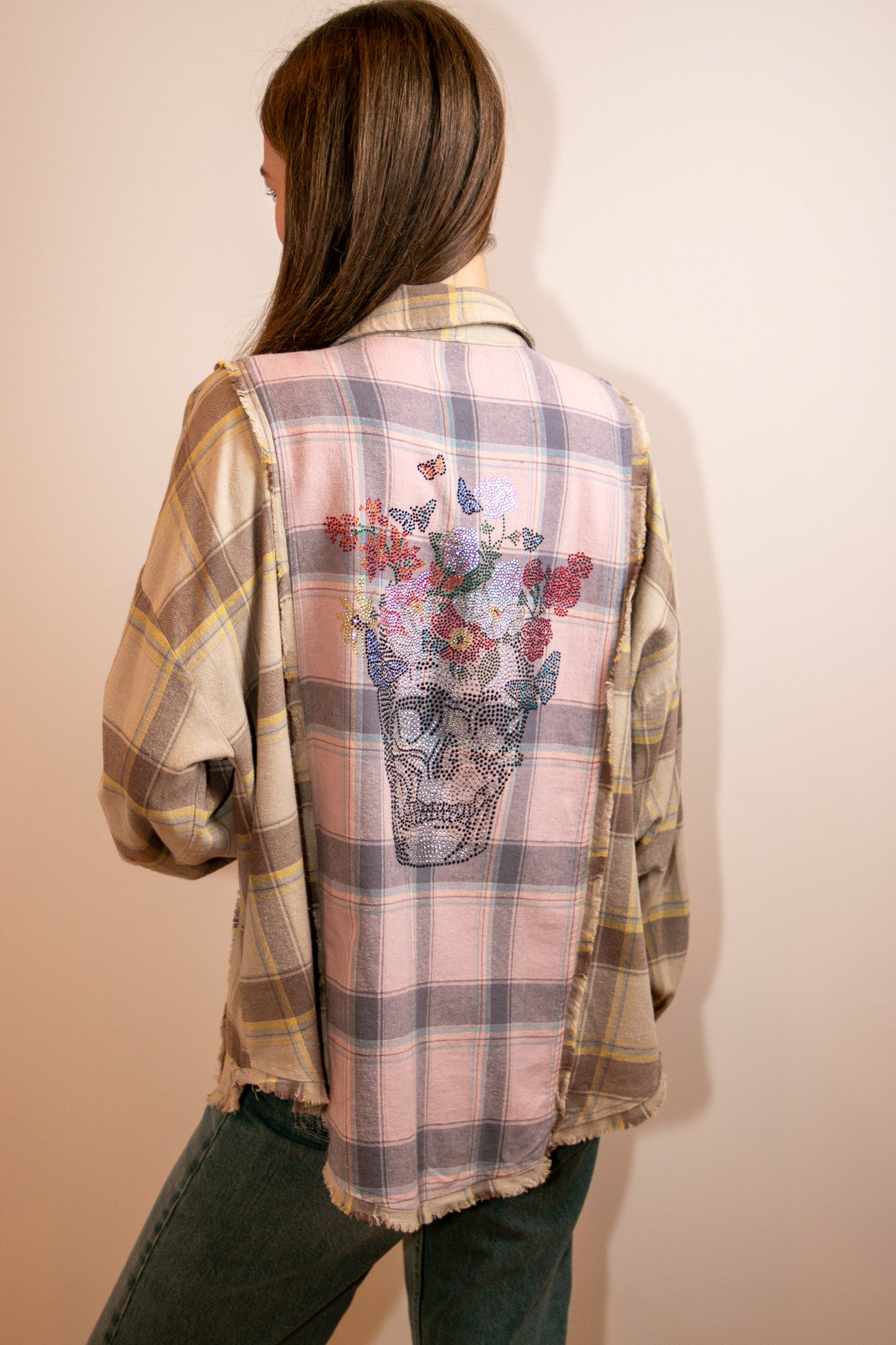 Shirt, Flannel Pink Plaid, Skull Flowers