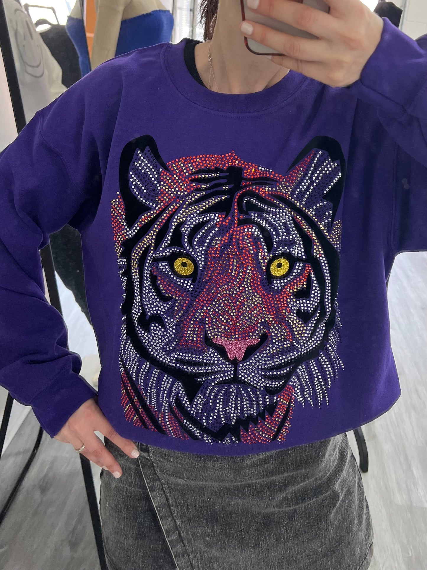 Sweatshirt, Crewneck Purple, Tiger Face
