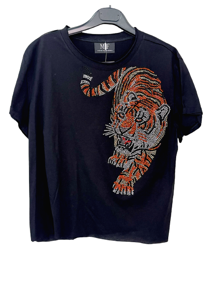 Black Raw Edge T-Shirt with Walking Tiger
