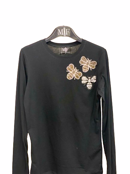 Black Long Sleeve T-shirt with Crystal Bees
