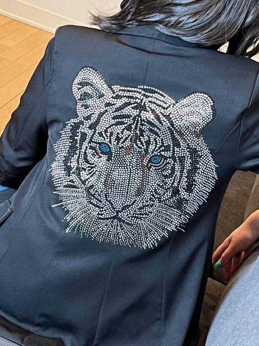 Black Ruched Blazer with Pinstripe Lining Crystal Silver Tiger