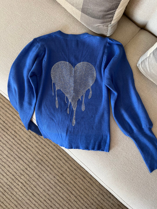 Sweater, Cardigan Puff Blue, Silver Dripping Heart