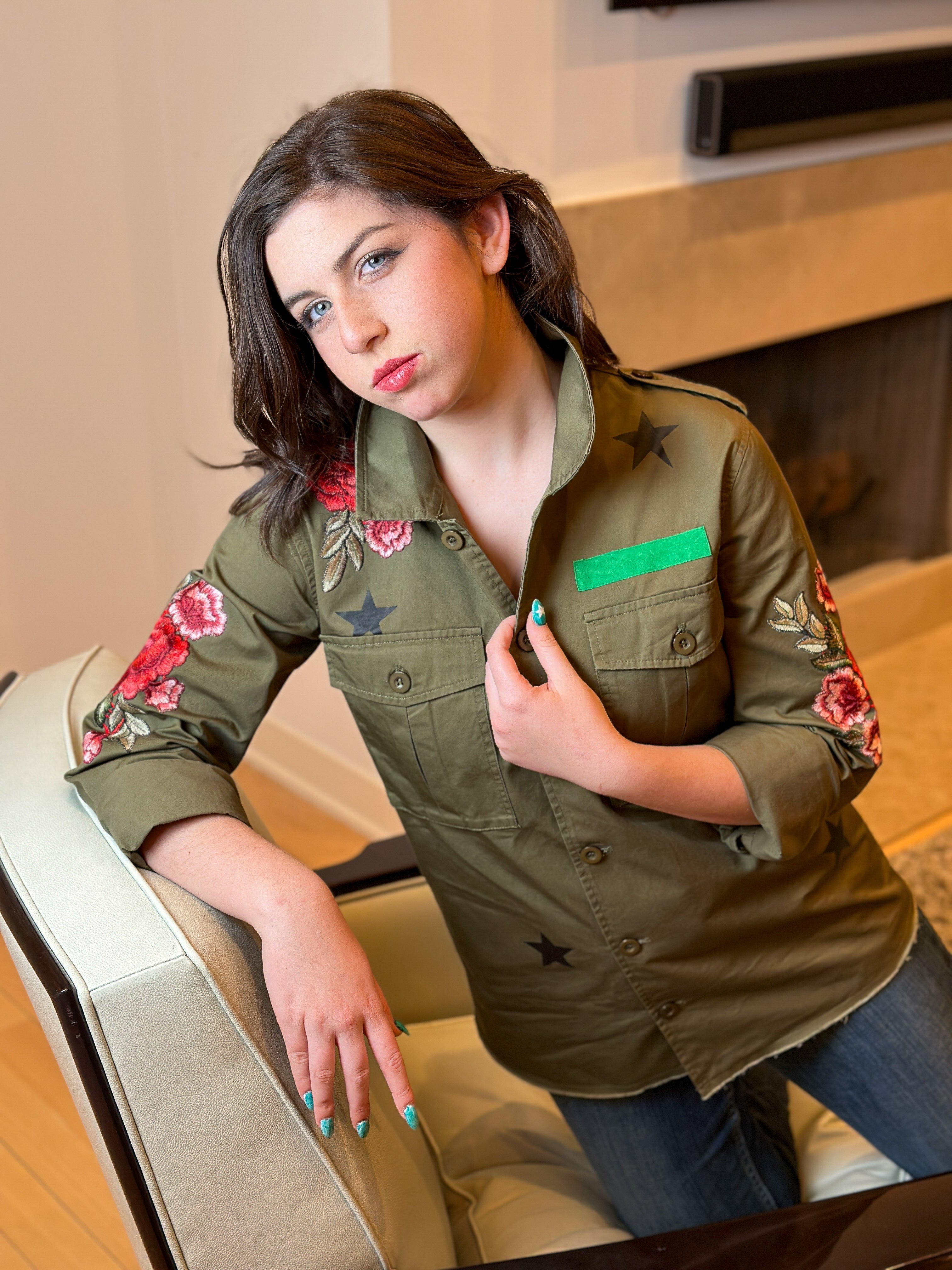 Pink Flowers Army Green Shacket