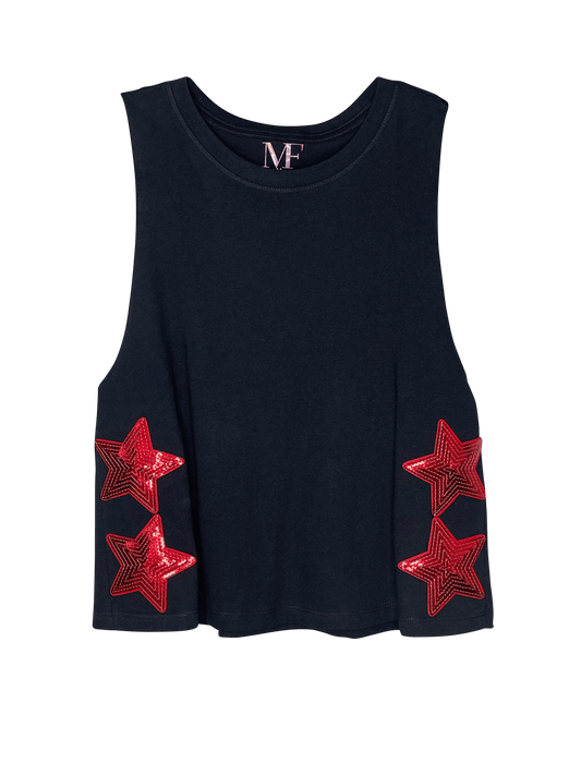 Game Day Tank, Cropped Racerback Black, Red Sequin Stars