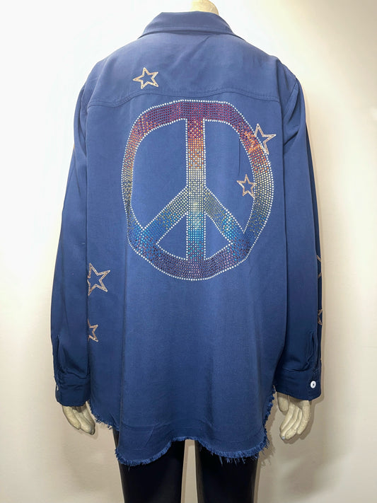 Shirt, Embroidered Star Navy, Peace Sign