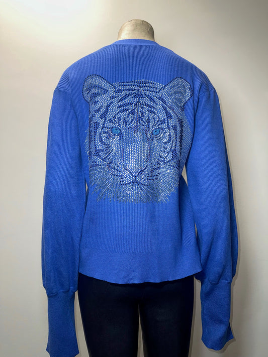 Cardigan Puff Blue Silver Tiger Face Sweater