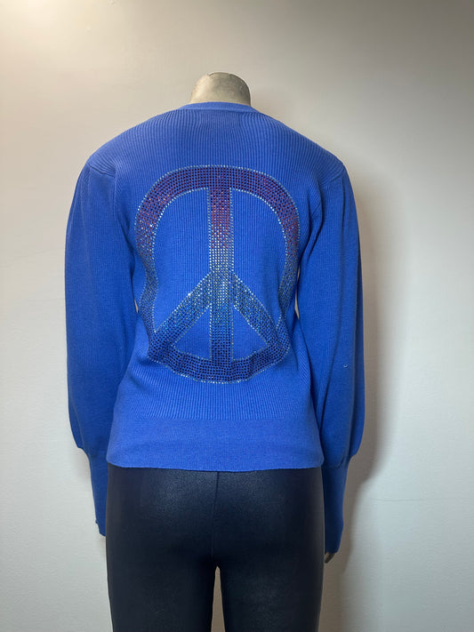 Cardigan Puff Blue Peace Sign Sweater