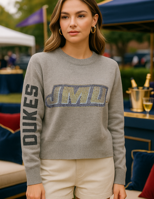 Licensed Game Day Sweater, Crewneck Gray, Crystal JMU and Dukes