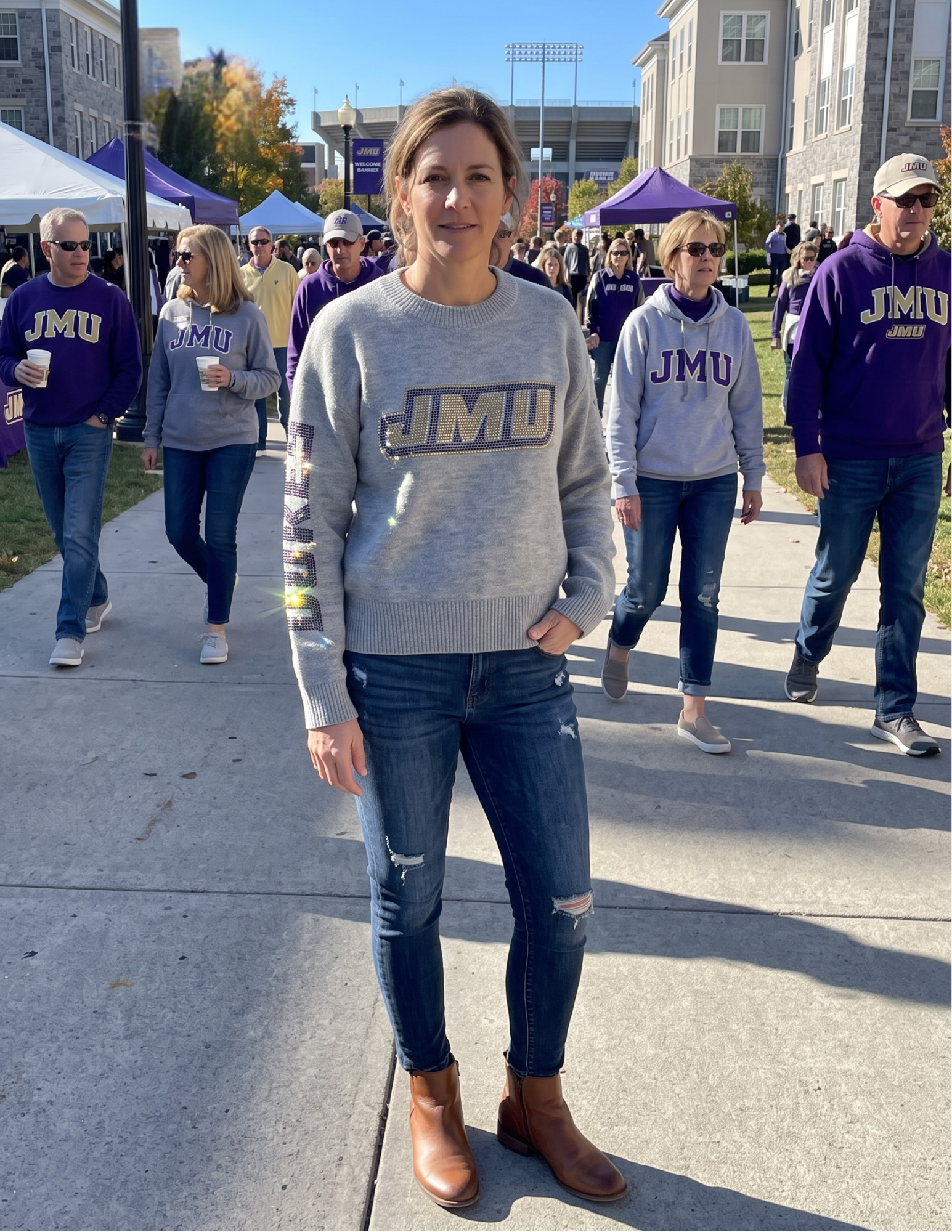James Madison Logo and Dukes Gray Crewneck Sweater