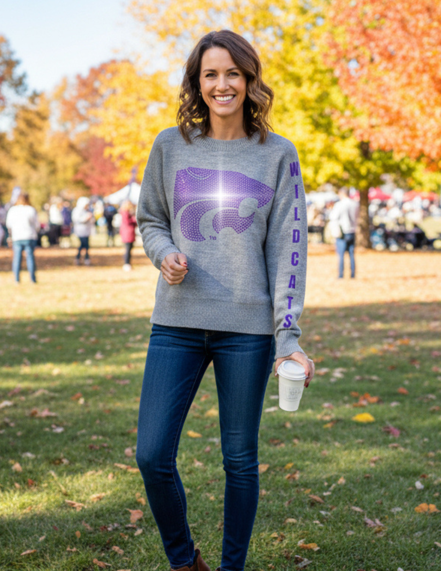Kansas State Gray Crewneck Script & Wildcat Mascot Sweater